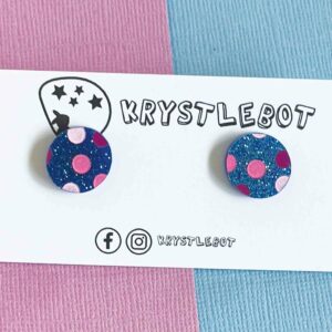 Blue glitter hand painted spotted studs with pink spots