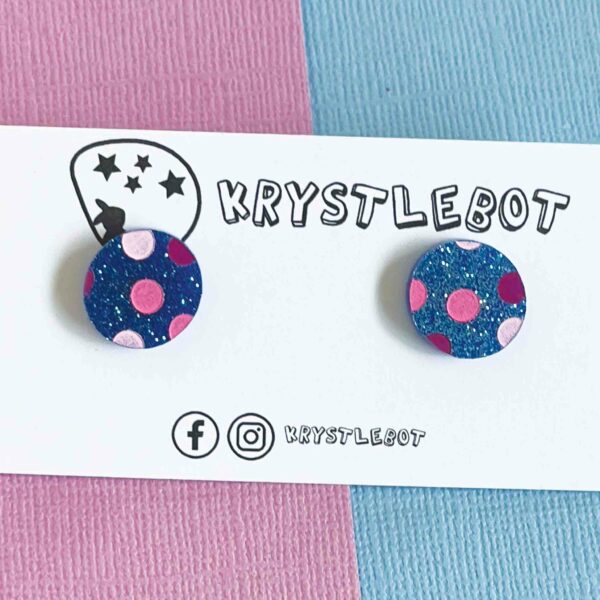 Blue glitter hand painted spotted studs with pink spots