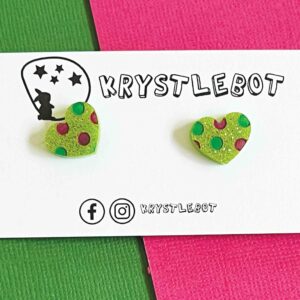 Apple green heart studs with hand painted magenta and teal spots