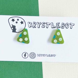 Apple green glitter triangle studs with white and teal spots