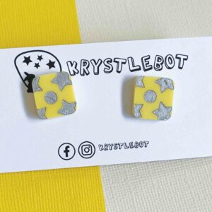 Yellow and silver square studs with a hand painted silver star pattern